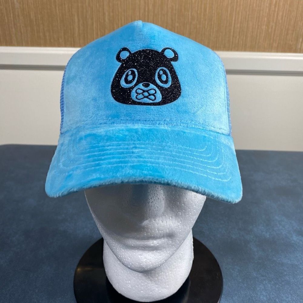 OWNYC Blue Velour Black Glitter Bear Snap Back Trucker Hat NWOT